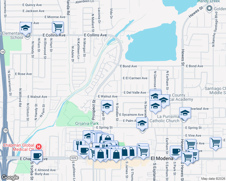 map of restaurants, bars, coffee shops, grocery stores, and more near 3517 East Baron Court in Orange