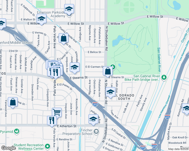 map of restaurants, bars, coffee shops, grocery stores, and more near 6809 East El Progreso Street in Long Beach