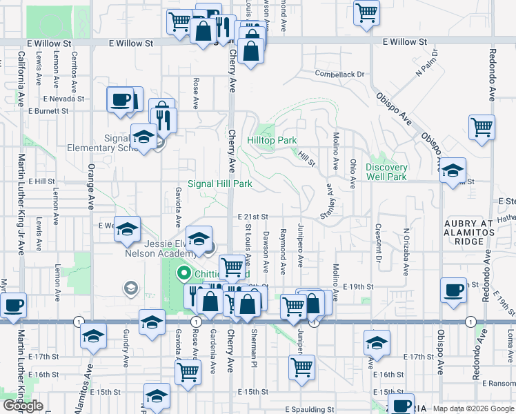 map of restaurants, bars, coffee shops, grocery stores, and more near 2195 Bay View Drive in Signal Hill
