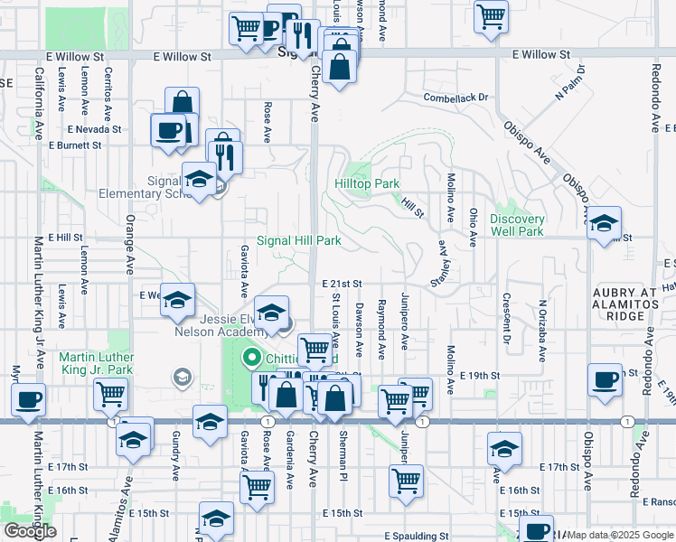 map of restaurants, bars, coffee shops, grocery stores, and more near 2120 East Hill Street in Signal Hill