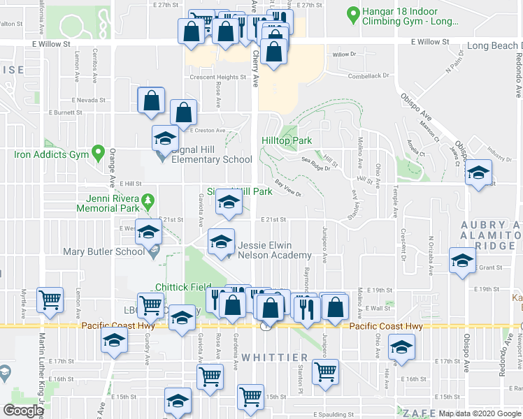 map of restaurants, bars, coffee shops, grocery stores, and more near 2120 East Hill Street in Signal Hill
