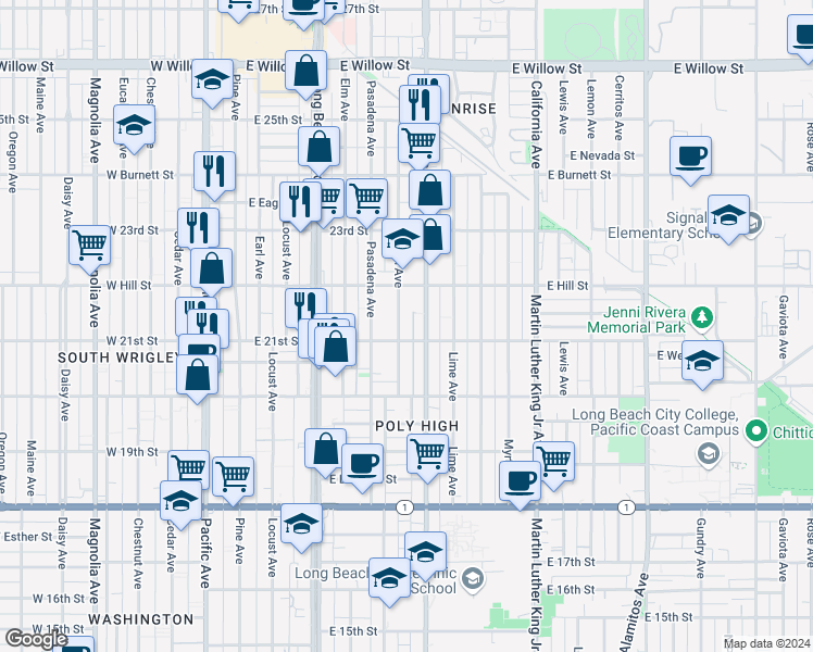 map of restaurants, bars, coffee shops, grocery stores, and more near 2161 Linden Avenue in Long Beach