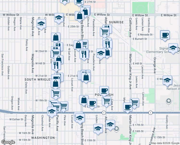 map of restaurants, bars, coffee shops, grocery stores, and more near 2162 Elm Avenue in Long Beach