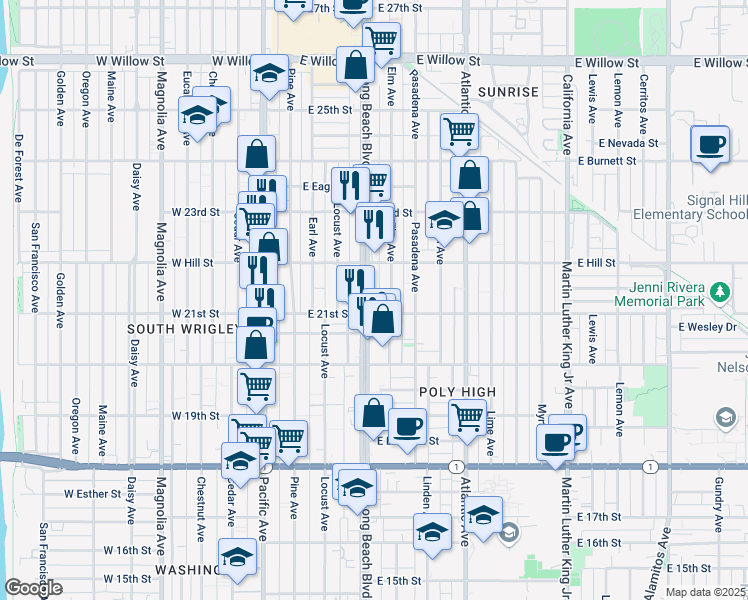 map of restaurants, bars, coffee shops, grocery stores, and more near 2145 Long Beach Boulevard in Long Beach