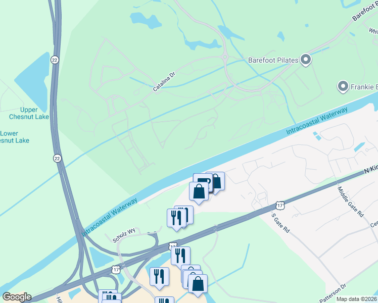 map of restaurants, bars, coffee shops, grocery stores, and more near 3019 Winding River Road in North Myrtle Beach
