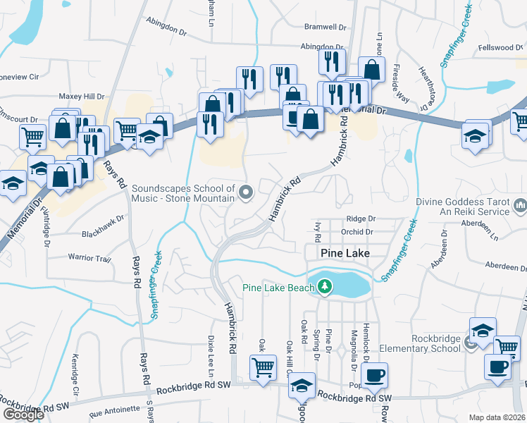 map of restaurants, bars, coffee shops, grocery stores, and more near 4353 Thunderfork Lane in Stone Mountain