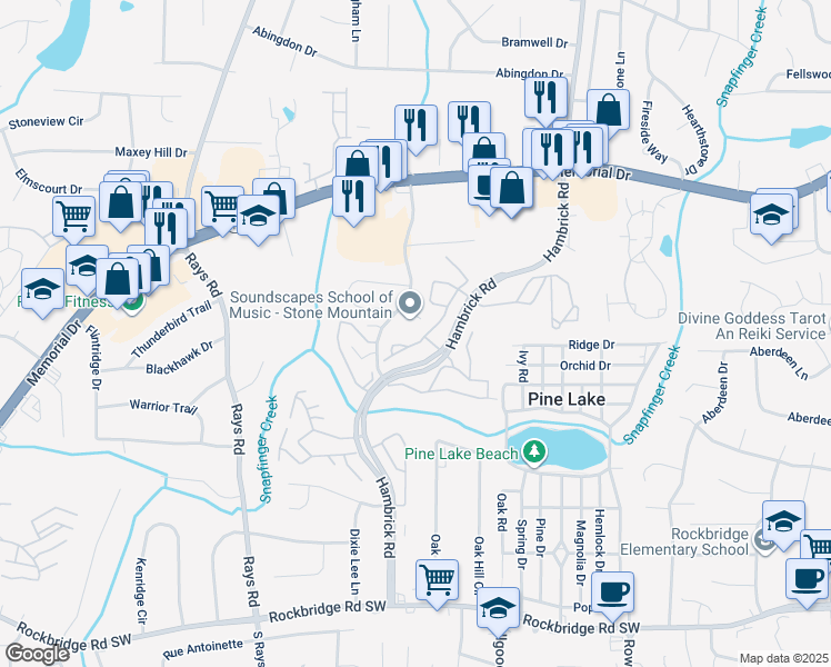 map of restaurants, bars, coffee shops, grocery stores, and more near 4353 Thunderfork Lane in Stone Mountain