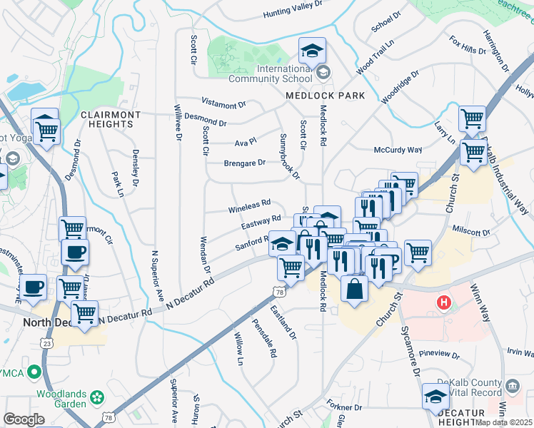 map of restaurants, bars, coffee shops, grocery stores, and more near 2342 Eastway Road in Decatur