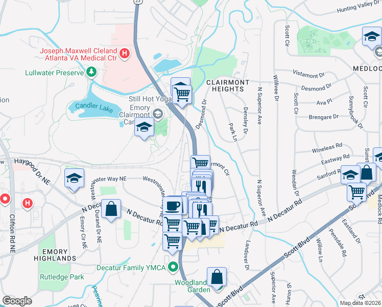 map of restaurants, bars, coffee shops, grocery stores, and more near 689 Brennan Drive in Decatur