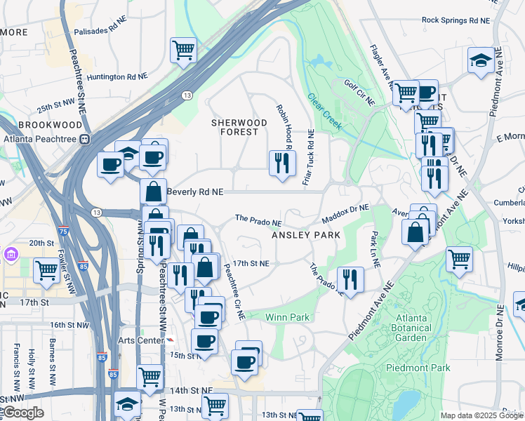 map of restaurants, bars, coffee shops, grocery stores, and more near 235 The Prado Northeast in Atlanta