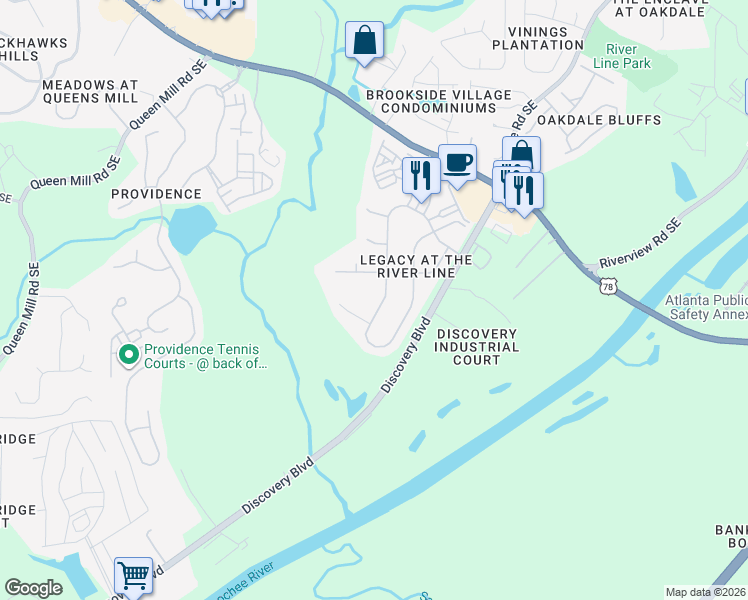 map of restaurants, bars, coffee shops, grocery stores, and more near 6388 Century Park Place Southeast in Mableton