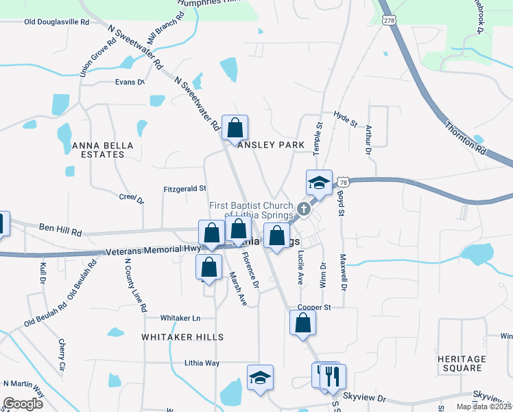 map of restaurants, bars, coffee shops, grocery stores, and more near 6538 North Sweetwater Road in Lithia Springs
