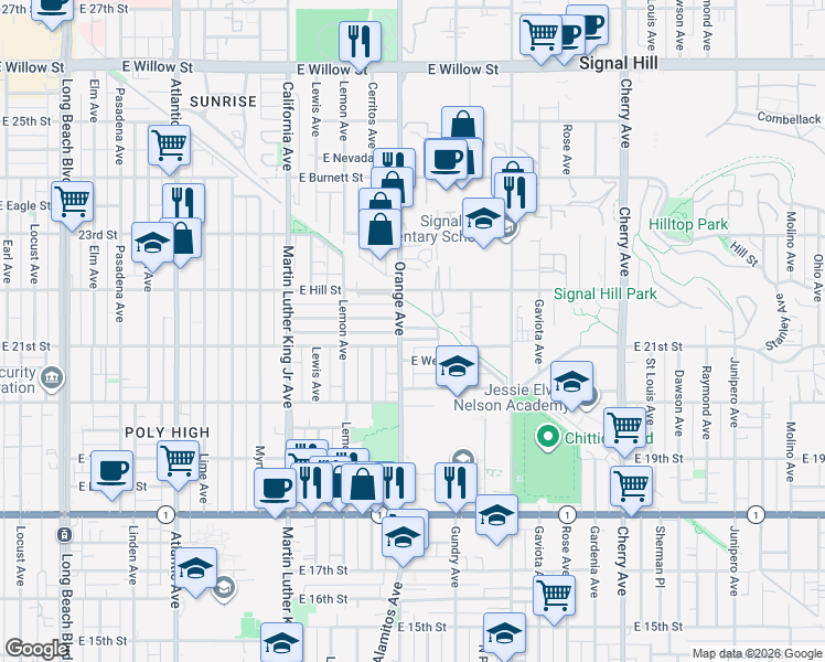 map of restaurants, bars, coffee shops, grocery stores, and more near 1204 East Smith Place in Long Beach