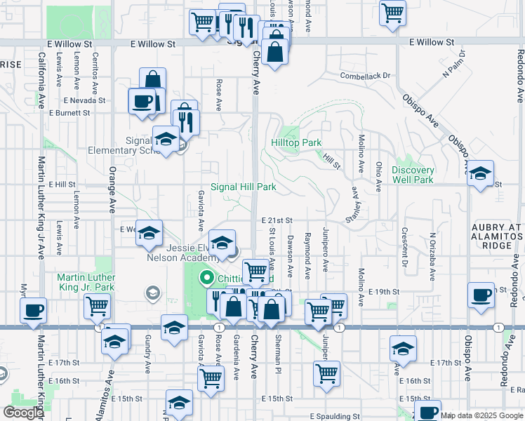 map of restaurants, bars, coffee shops, grocery stores, and more near 2001 East 21st Street in Signal Hill