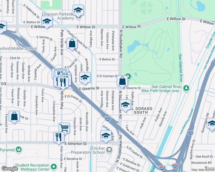 map of restaurants, bars, coffee shops, grocery stores, and more near 6809 East El Progreso Street in Long Beach