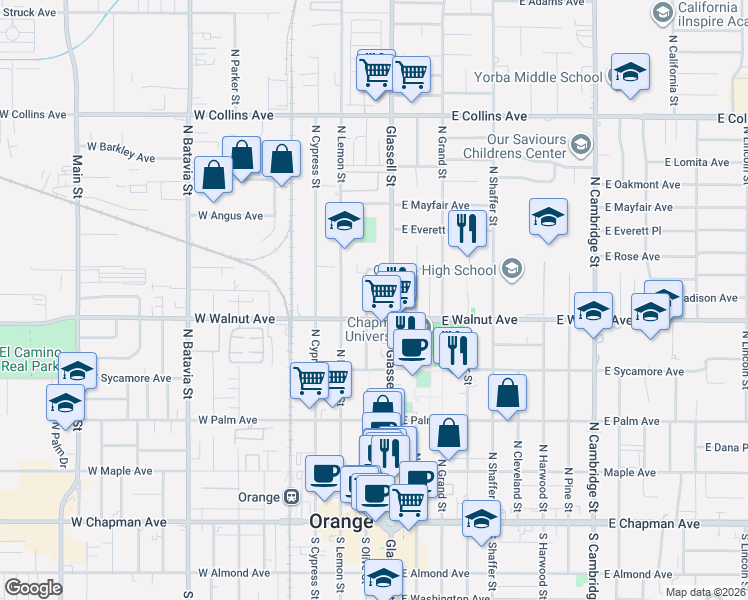 map of restaurants, bars, coffee shops, grocery stores, and more near 576 North Glassell Street in Orange
