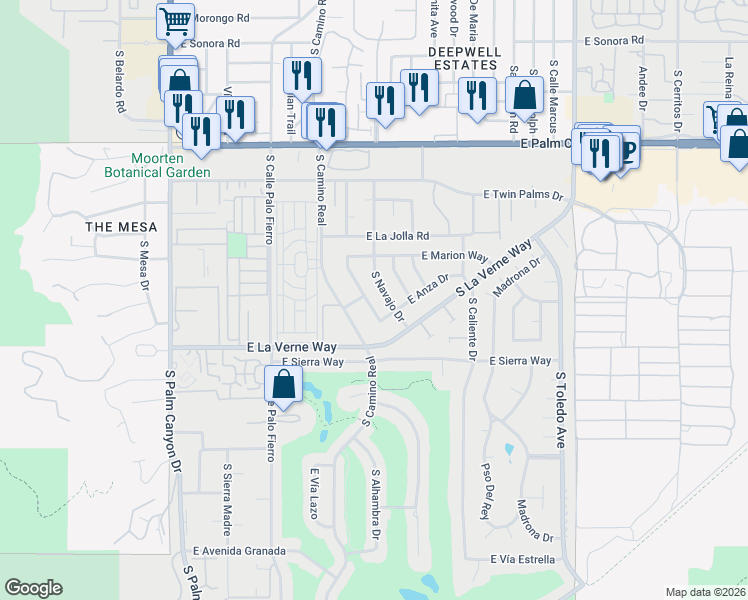 map of restaurants, bars, coffee shops, grocery stores, and more near 2030 South Joshua Tree Place in Palm Springs