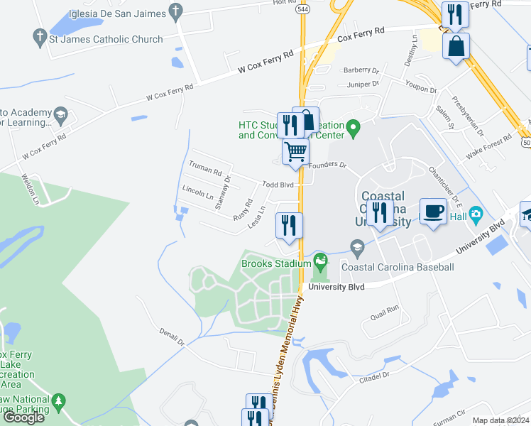 map of restaurants, bars, coffee shops, grocery stores, and more near 610 Lesia Lane in Conway