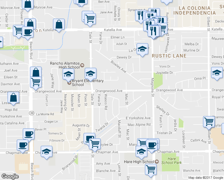 map of restaurants, bars, coffee shops, grocery stores, and more near 8651 Orangewood Avenue in Garden Grove