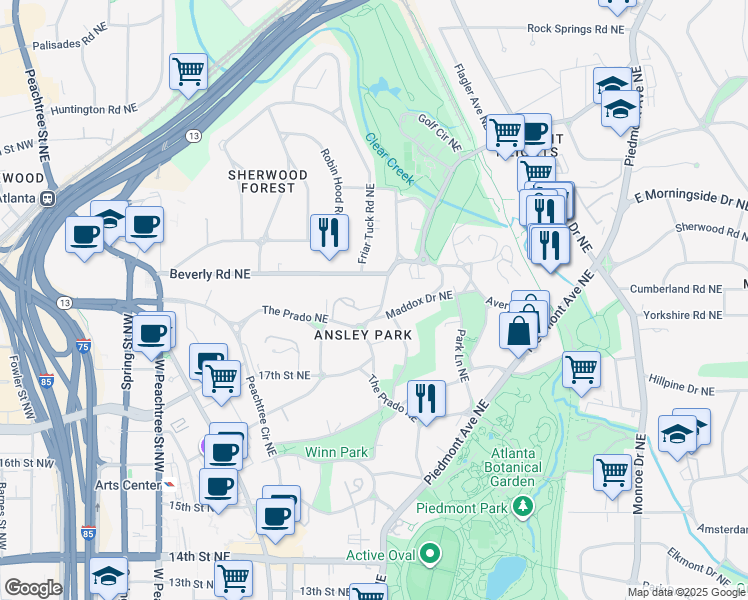 map of restaurants, bars, coffee shops, grocery stores, and more near 41 Montgomery Ferry Drive Northeast in Atlanta