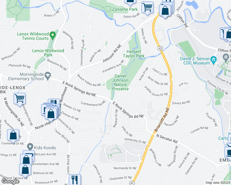 map of restaurants, bars, coffee shops, grocery stores, and more near 1536 Markan Drive Northeast in Atlanta