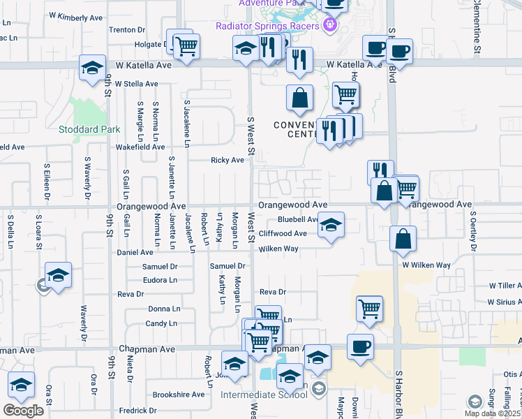 map of restaurants, bars, coffee shops, grocery stores, and more near in Garden Grove