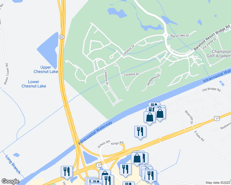 map of restaurants, bars, coffee shops, grocery stores, and more near 6095 Catalina Drive in North Myrtle Beach