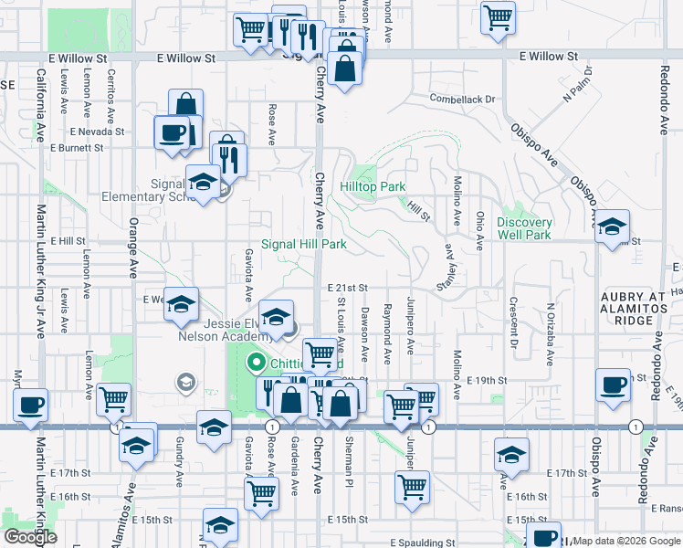 map of restaurants, bars, coffee shops, grocery stores, and more near 2101 East 21st Street in Signal Hill