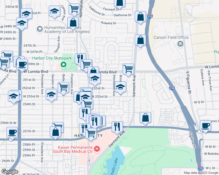 map of restaurants, bars, coffee shops, grocery stores, and more near 1041 252nd Street in Los Angeles