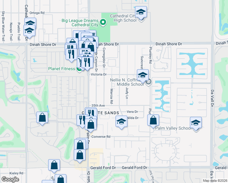 map of restaurants, bars, coffee shops, grocery stores, and more near 34653 Vaquero Road in Cathedral City