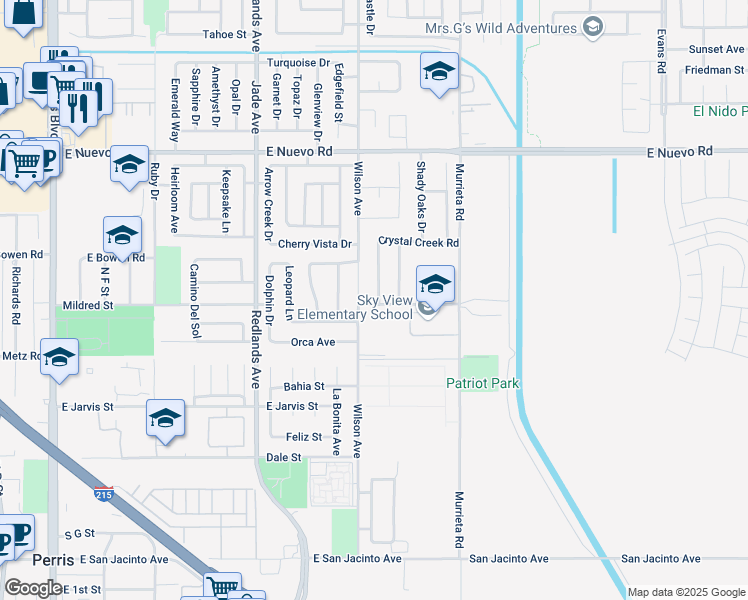 map of restaurants, bars, coffee shops, grocery stores, and more near 1201 Wilson Avenue in Perris