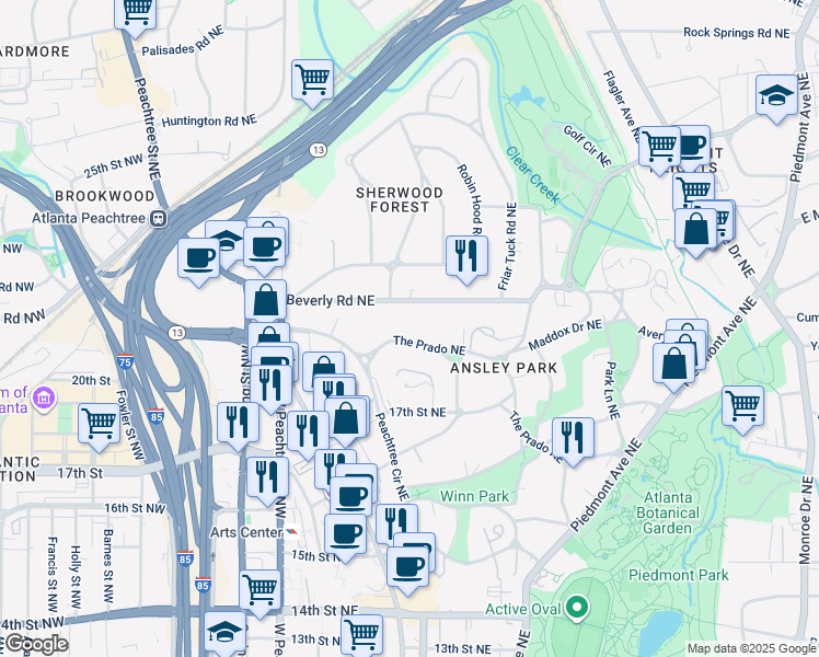 map of restaurants, bars, coffee shops, grocery stores, and more near 143 Beverly Road Northeast in Atlanta