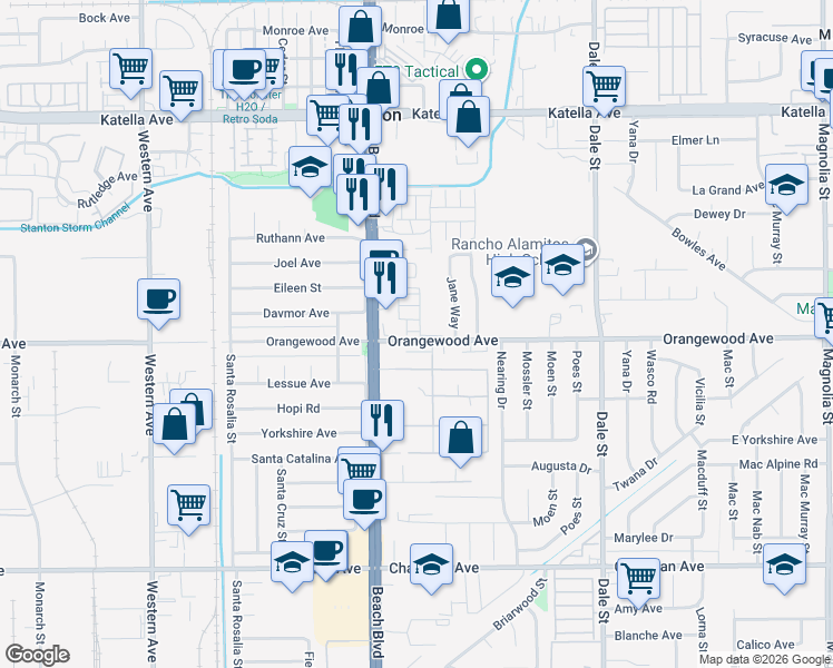 map of restaurants, bars, coffee shops, grocery stores, and more near 11497 Toscana Circle in Stanton