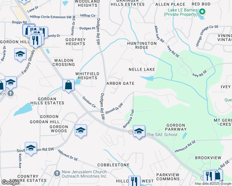 map of restaurants, bars, coffee shops, grocery stores, and more near 6595 Arbor Gate Drive Southwest in Mableton