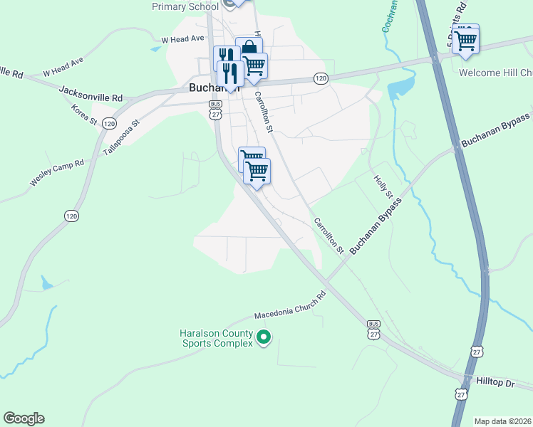 map of restaurants, bars, coffee shops, grocery stores, and more near 3343 U.S. 27 Business in Buchanan