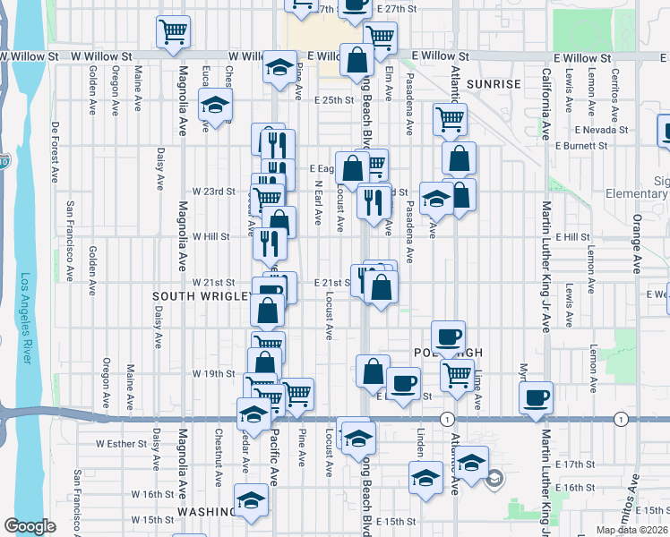 map of restaurants, bars, coffee shops, grocery stores, and more near 2165 Locust Avenue in Long Beach