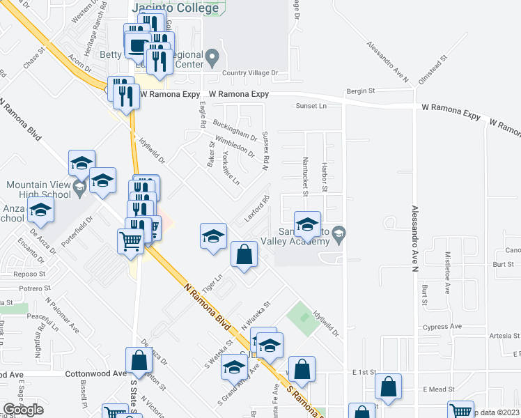 map of restaurants, bars, coffee shops, grocery stores, and more near 706 Laxford Road in San Jacinto