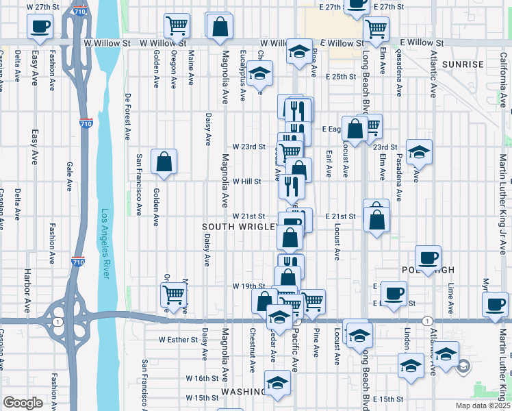 map of restaurants, bars, coffee shops, grocery stores, and more near 2125 Chestnut Avenue in Long Beach