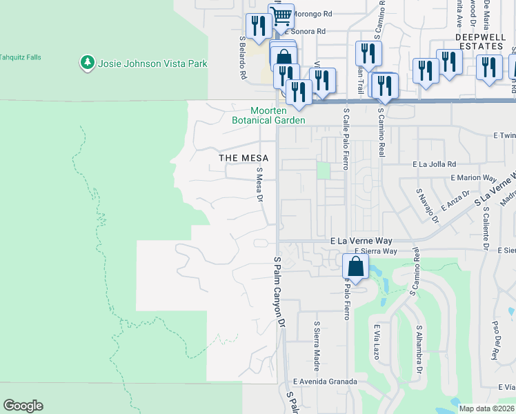 map of restaurants, bars, coffee shops, grocery stores, and more near 1945 South Mesa Drive in Palm Springs