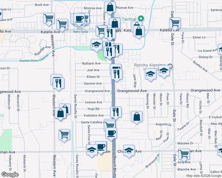 map of restaurants, bars, coffee shops, grocery stores, and more near 7961 Orangewood Avenue in Stanton