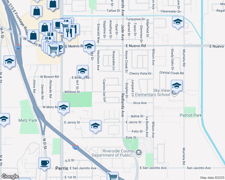 map of restaurants, bars, coffee shops, grocery stores, and more near 338 Mildred Street in Perris