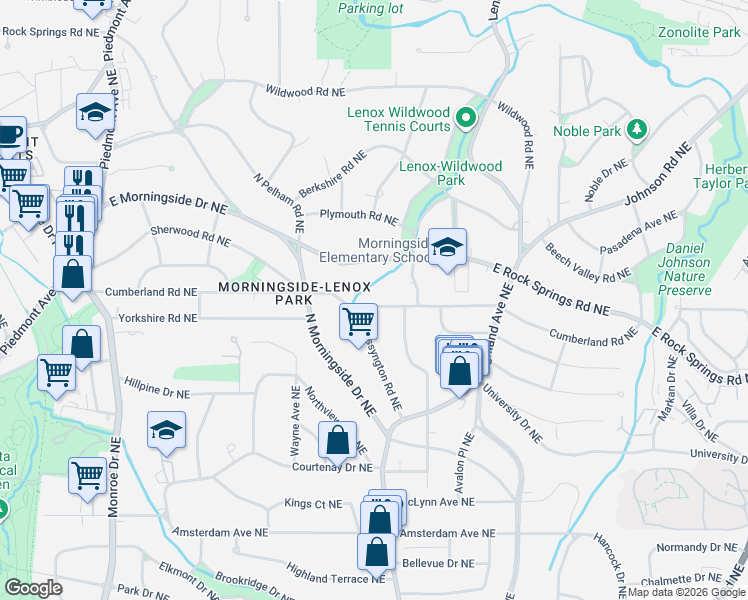 map of restaurants, bars, coffee shops, grocery stores, and more near 945 East Rock Springs Road Northeast in Atlanta