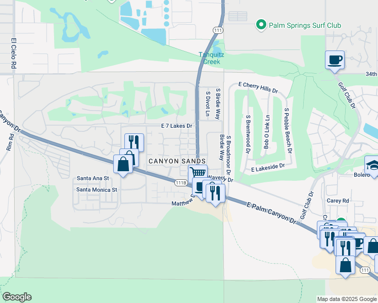 map of restaurants, bars, coffee shops, grocery stores, and more near 2330 East Miramonte Circle in Palm Springs