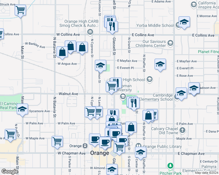 map of restaurants, bars, coffee shops, grocery stores, and more near 576 North Glassell Street in Orange