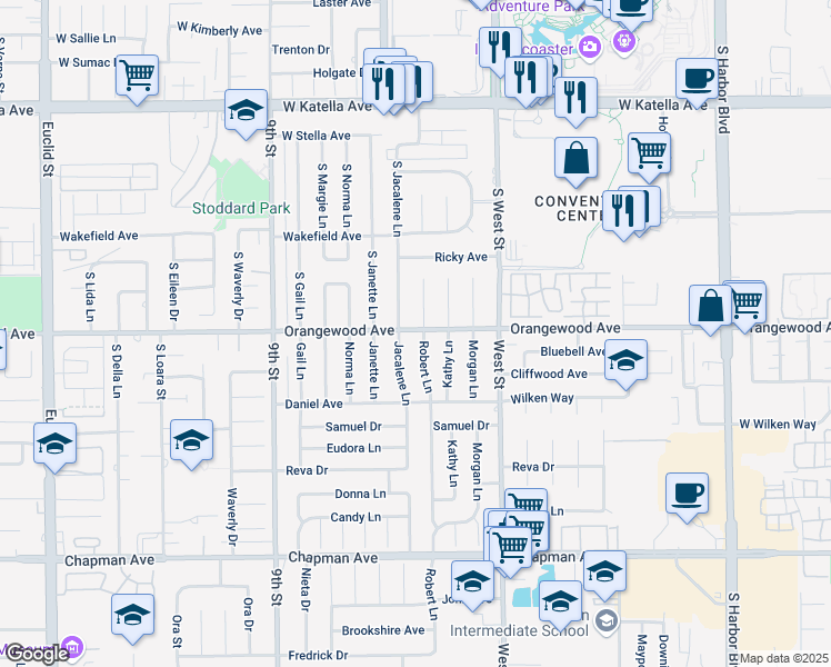 map of restaurants, bars, coffee shops, grocery stores, and more near 11441 Robert Lane in Garden Grove