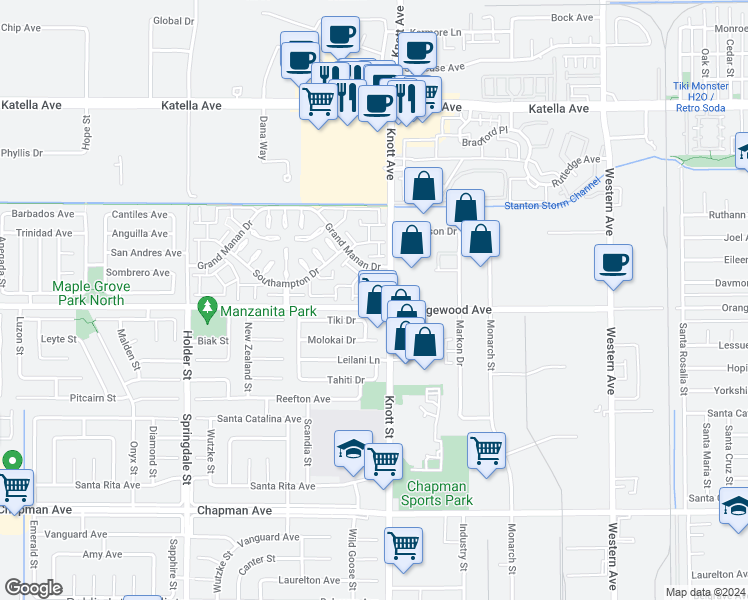 map of restaurants, bars, coffee shops, grocery stores, and more near 6912 Anticost Way in Cypress