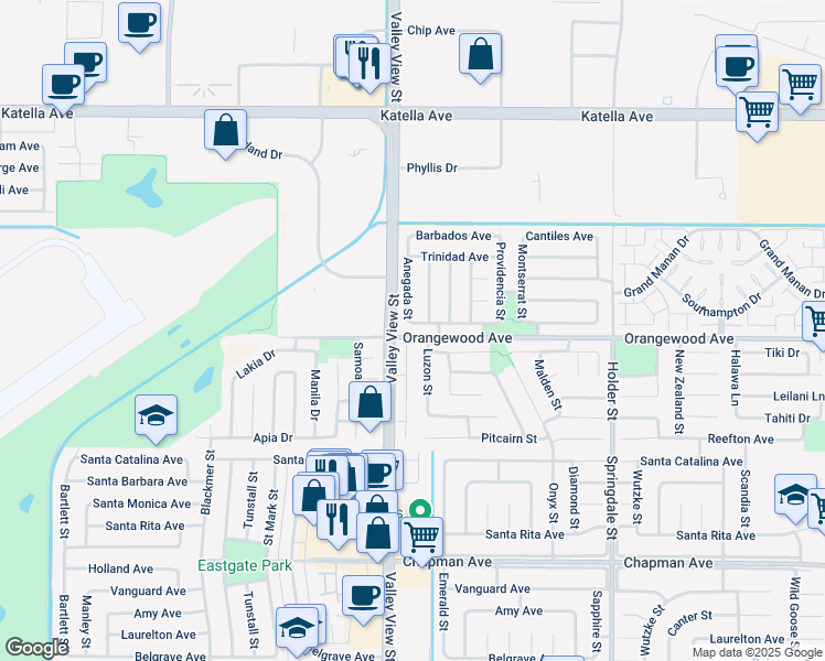 map of restaurants, bars, coffee shops, grocery stores, and more near 11462 Anegada Street in Cypress