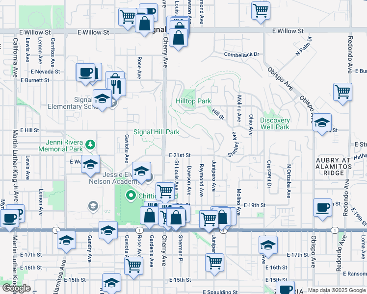 map of restaurants, bars, coffee shops, grocery stores, and more near 2195 Bay View Drive in Signal Hill