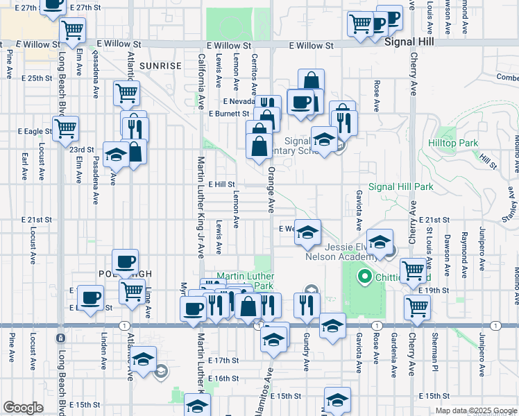 map of restaurants, bars, coffee shops, grocery stores, and more near 1143 East Salt Lake Street in Long Beach