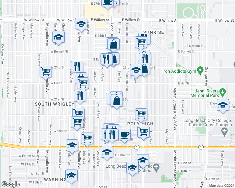 map of restaurants, bars, coffee shops, grocery stores, and more near 2162 Elm Avenue in Long Beach